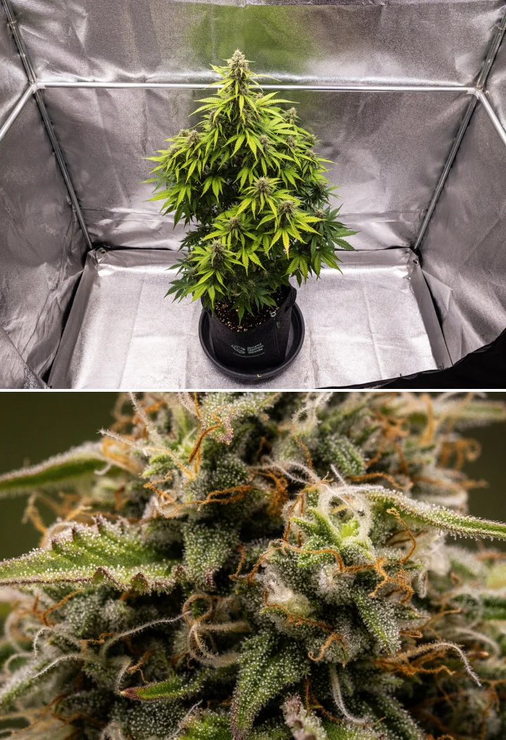 Grow report Atlas F1: săptămâna 8, flori gata de recoltare Plantă de canabis Atlas F1 care crește într-un ghiveci textil în săptămâna 8 a grow reportului, arătând flori mature acoperite de rășină, acoperire densă de tricomi, pistili portocalii și înflorire gata de recoltare.