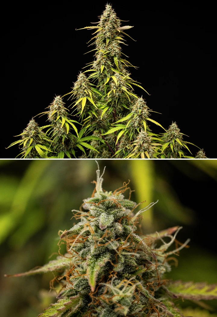 Grow report Atlas F1: săptămâna 9, maturare finală Plantă de canabis Atlas F1 în săptămâna 9 a grow reportului, arătând flori complet coapte, acoperire densă de tricomi, pistili portocalii, frunze care se decolorează și creștere matură în înflorire.