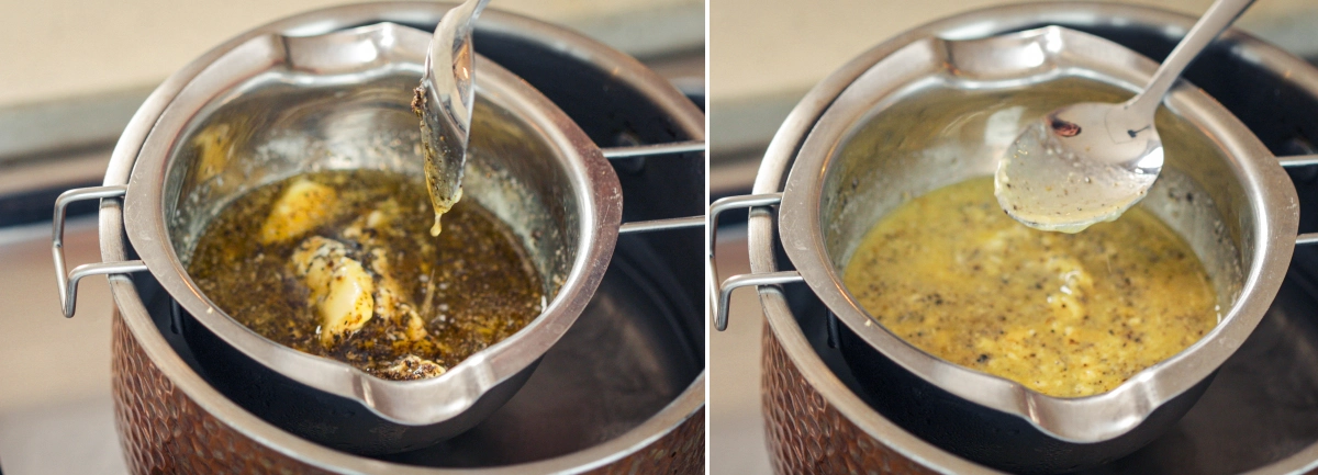 Amestec de cannabutter care fierbe ușor la bain-marie, cu o lingură care amestecă untul infuzat pentru a menține o căldură uniformă și a preveni supraîncălzirea