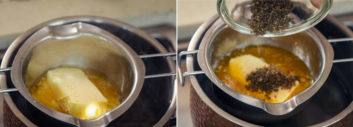 Unt topit la bain-marie, în care se adaugă canabis decarboxilat, arătând începutul unui proces lent de infuzare a cannabutter