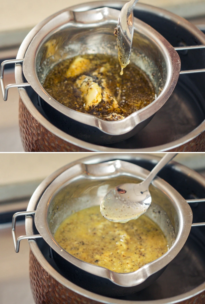 Amestec de cannabutter care fierbe ușor la bain-marie, cu o lingură care amestecă untul infuzat pentru a menține o căldură uniformă și a preveni supraîncălzirea