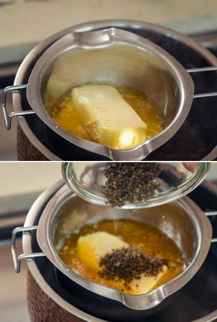 Unt topit la bain-marie, în care se adaugă canabis decarboxilat, arătând începutul unui proces lent de infuzare a cannabutter