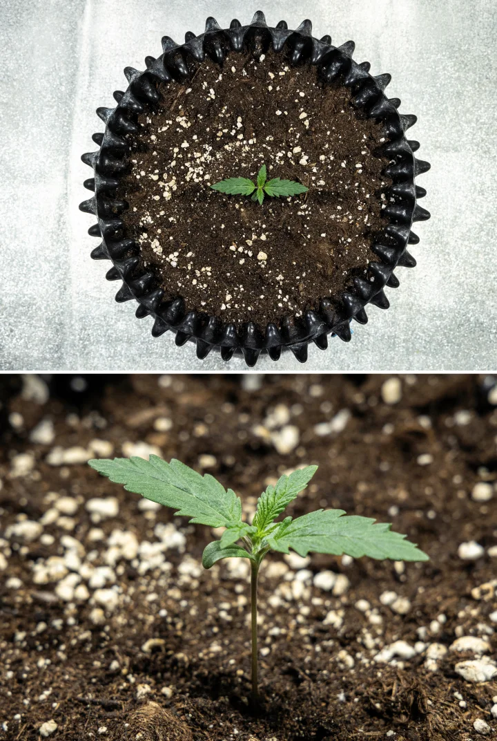 Răsad de canabis Cosmos F1 în timpul germinării, ieșind uniform din sol între zilele 1 și 5 de încolțire.