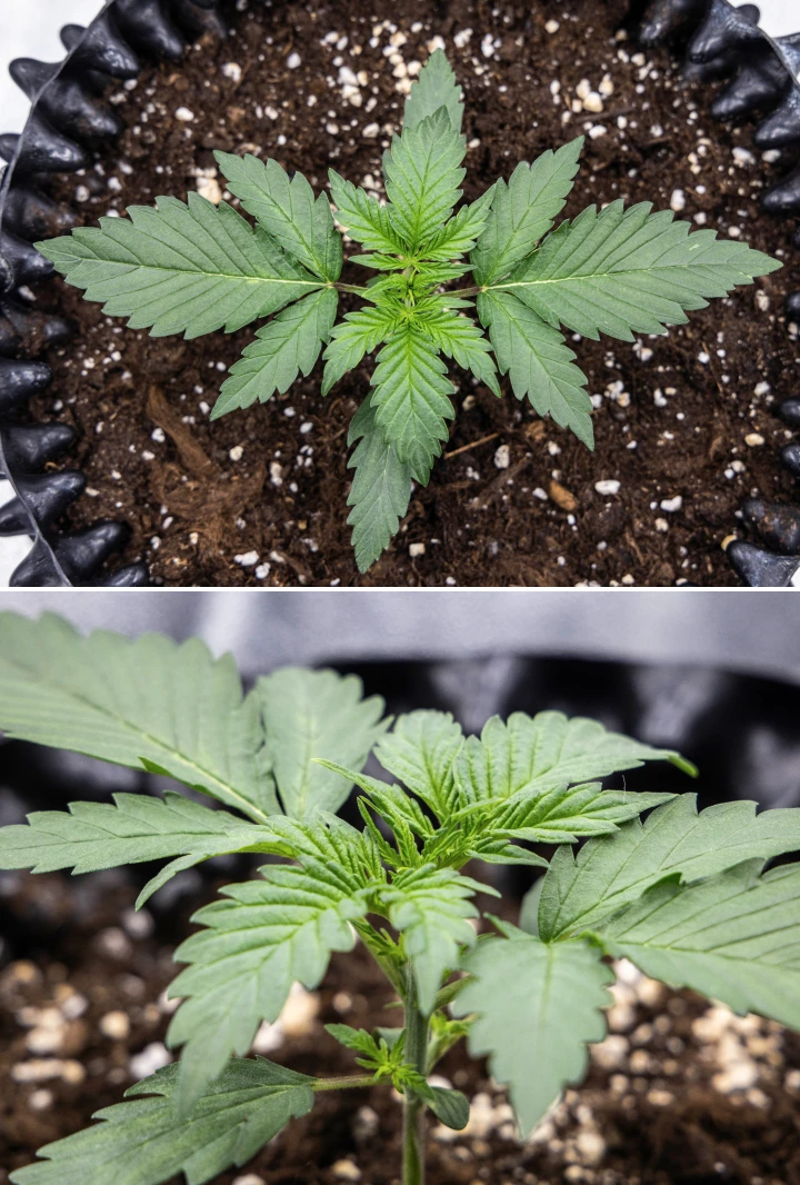 Plantă de canabis Cosmos F1 în săptămâna 1 de vegetație, cu creștere compactă și verticală, spațiere uniformă a frunzelor și frunziș timpuriu sănătos între zilele 5 și 12 de încolțire.