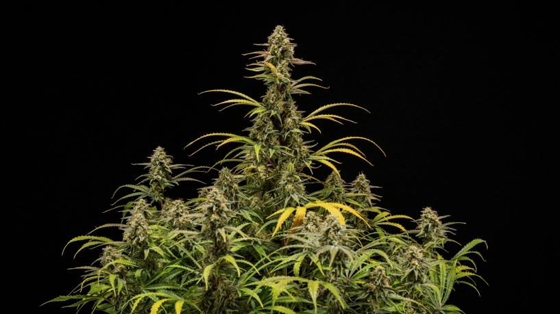 Plante mature de canabis Hyperion F1 pe fundal negru, arătând colas înalte înflorite, flori rășinoase, frunze care se decolorează și un coronament viguros în etapa finală de înflorire.