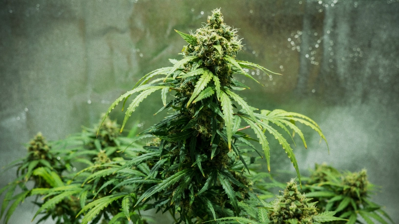 Plantă de canabis Royal Dwarf cu flori compacte gata de recoltare, flori rășinoase, pistiluri portocalii și frunziș verde într-un cort de cultivare reflectorizant.