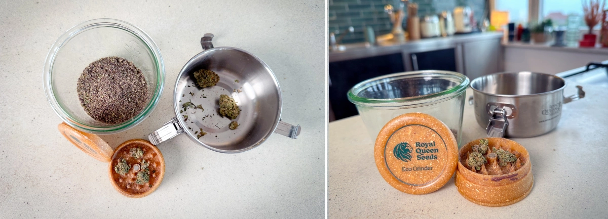 Canabis mărunțit și muguri într-un grinder, borcan de sticlă și crăticioară înainte de decarboxilare.