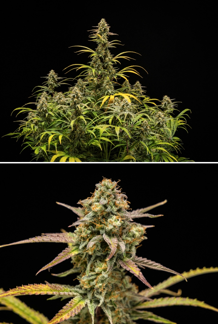 Plante de canabis Hyperion F1 la recoltare, arătând colas mature și rășinoase, acoperire înghețată de tricomi, pistili portocalii, frunze galbene și mov care se decolorează și creștere florală densă pe fundal negru.