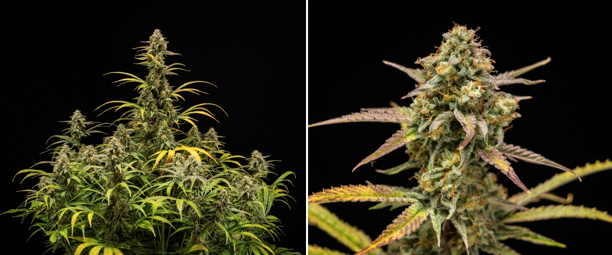 Plante de canabis Hyperion F1 la recoltare, arătând colas mature și rășinoase, acoperire înghețată de tricomi, pistili portocalii, frunze galbene și mov care se decolorează și creștere florală densă pe fundal negru.