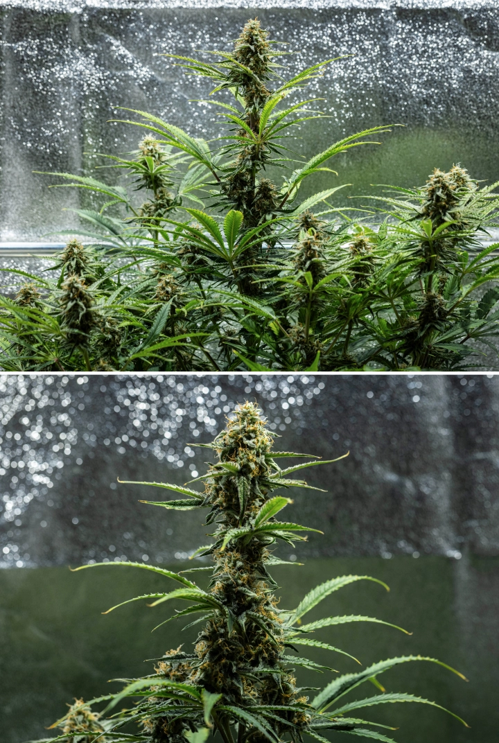Plantă de canabis Hyperion F1 în săptămâna 9 a grow reportului, arătând colas mature înflorite, flori rășinoase, pistili portocalii, frunze care se decolorează și maturare finală într-un cort de cultivare.