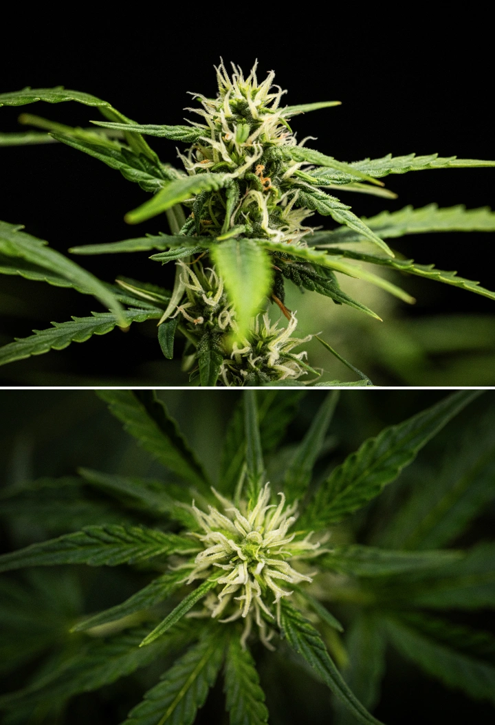 Plantă de canabis NYC Sour Diesel Auto în săptămâna 6 de înflorire, ajungând la aproximativ 122 cm, cu creștere verticală mai lentă, flori mai ferme, dezvoltare timpurie a rășinii și formare florală densă sub lumină LED