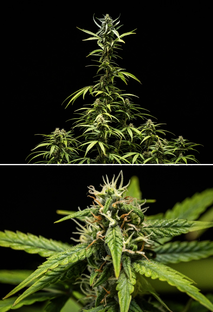 Plantă de canabis NYC Sour Diesel Auto în săptămâna 7 de înflorire, cu flori dense și lipicioase, producție crescută de rășină, o cola principală aproape de lumină, ușoară decolorare a frunzelor și ramuri îndoite susținute