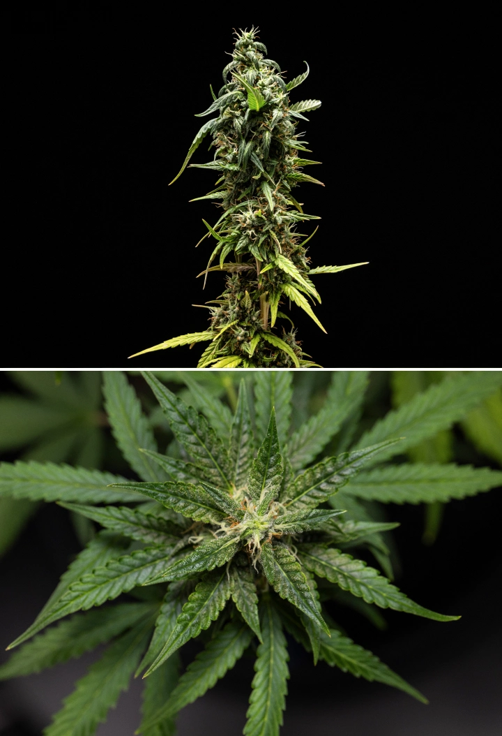 Plantă de canabis NYC Sour Diesel Auto în săptămâna 8 de înflorire, cu tricomi lăptoși, flori compacte și aromate, producție intensă de rășină și o cola superioară ușor mai puțin matură aproape de recoltare