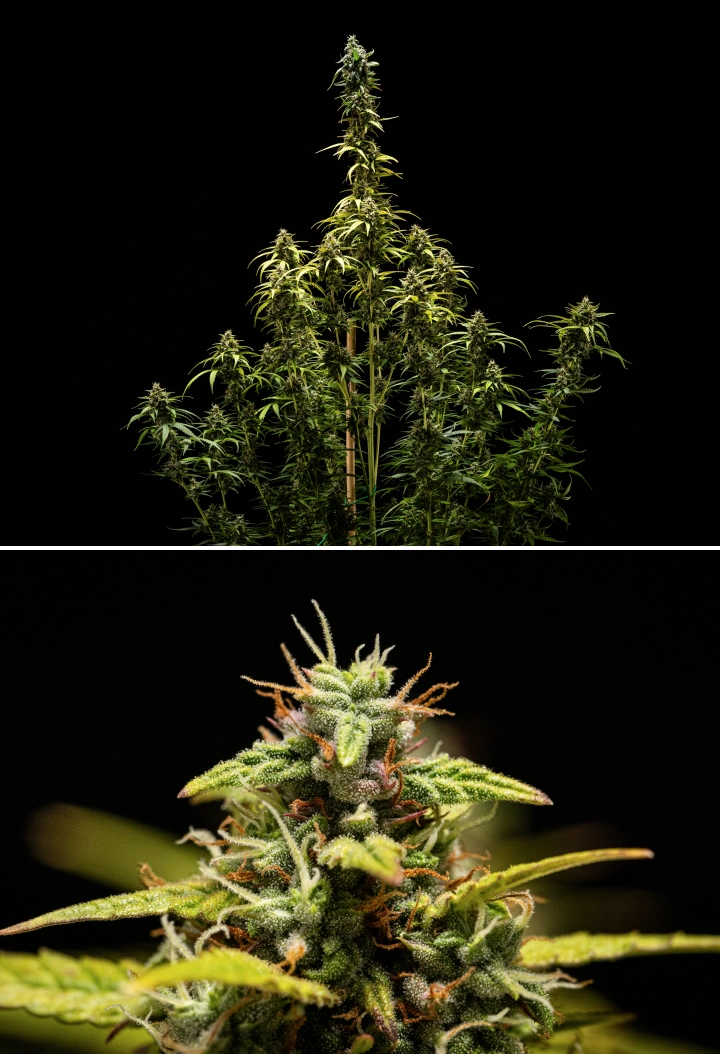 Plantă de canabis NYC Sour Diesel Auto în săptămâna 9 de înflorire la recoltare, cu tricomi în mare parte lăptoși, flori dense, structură înaltă și ușor stres luminos pe cola superioară