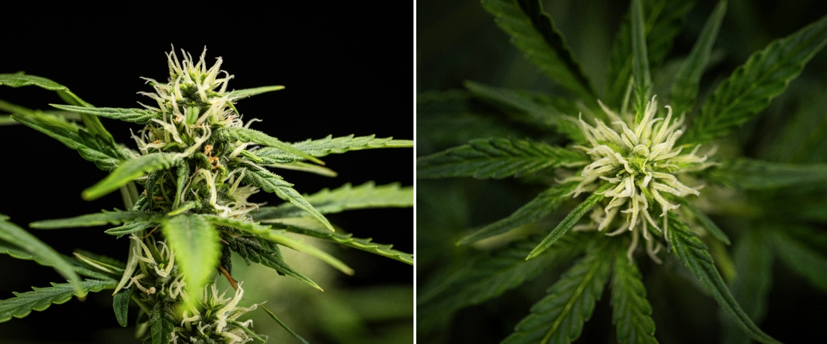 Plantă de canabis NYC Sour Diesel Auto în săptămâna 6 de înflorire, ajungând la aproximativ 122 cm, cu creștere verticală mai lentă, flori mai ferme, dezvoltare timpurie a rășinii și formare florală densă sub lumină LED