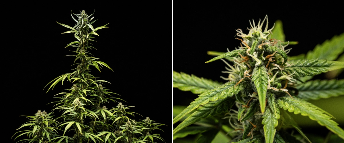 Plantă de canabis NYC Sour Diesel Auto în săptămâna 7 de înflorire, cu flori dense și lipicioase, producție crescută de rășină, o cola principală aproape de lumină, ușoară decolorare a frunzelor și ramuri îndoite susținute