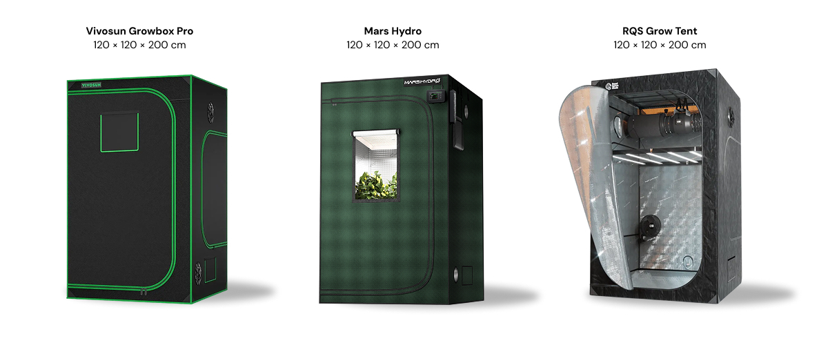 Trei corturi de cultivare de 120 × 120 × 200 cm prezentate unul lângă altul: Vivosun Growbox Pro, Mars Hydro și RQS Grow Tent