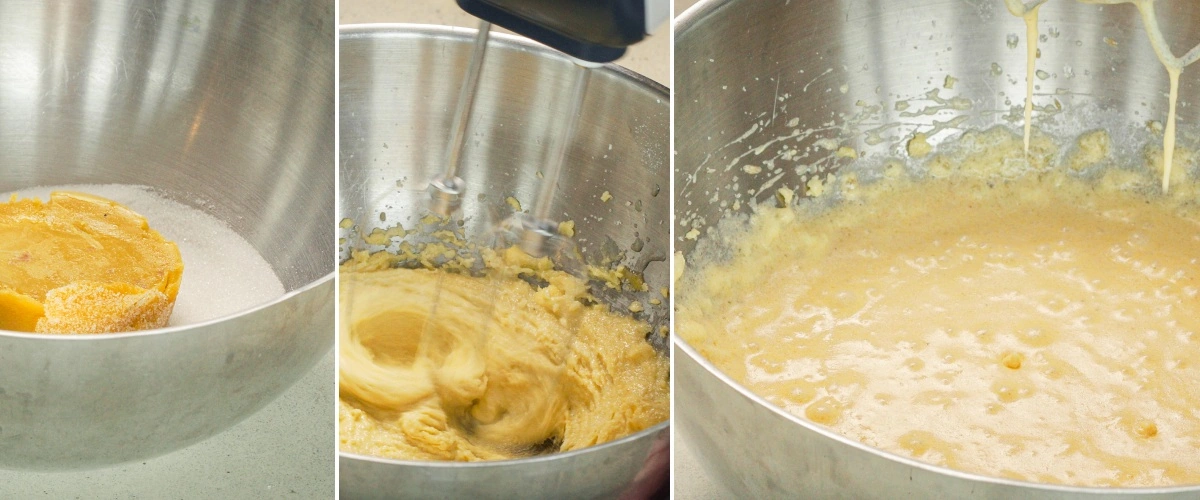 Pasul 2: Amestecă aluatul de space cake cu unt, ouă și cacao Amestecarea compoziției de prăjitură cu ciocolată cu unt, zahăr, ouă, cacao pudră și lapte, al doilea pas pentru a coace un cannabis space cake