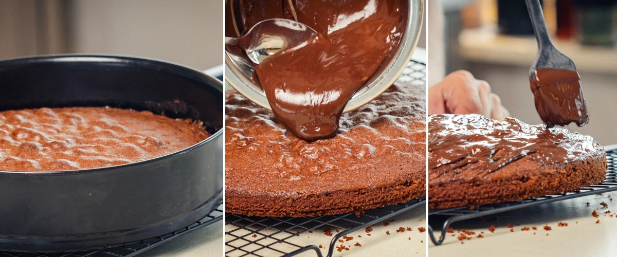 Pasul 4: Topește ciocolata și glazurează cannabis space cake Turnarea ciocolatei negre topite peste un space cake răcit și întinderea uniformă, al patrulea pas pentru a-l finaliza