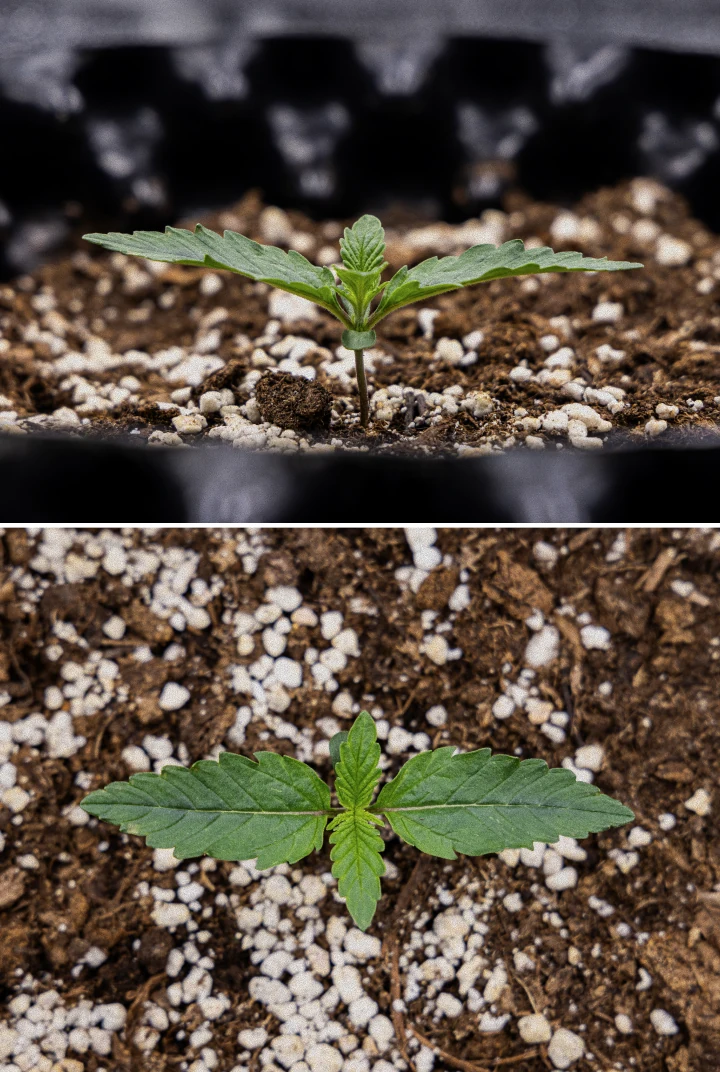 Raport de Cultivare GOAT'lato Auto – Săptămâna 1 Faza de Răsad Răsad de cannabis GOAT'lato Auto în săptămâna 1 cultivat în BioBizz Light Mix sub lumină LED, cu primele frunze adevărate și creștere timpurie viguroasă